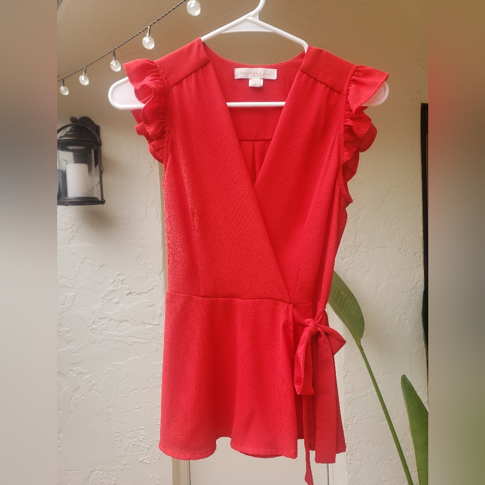New Ruffle Sleeve Peplum Top Red S